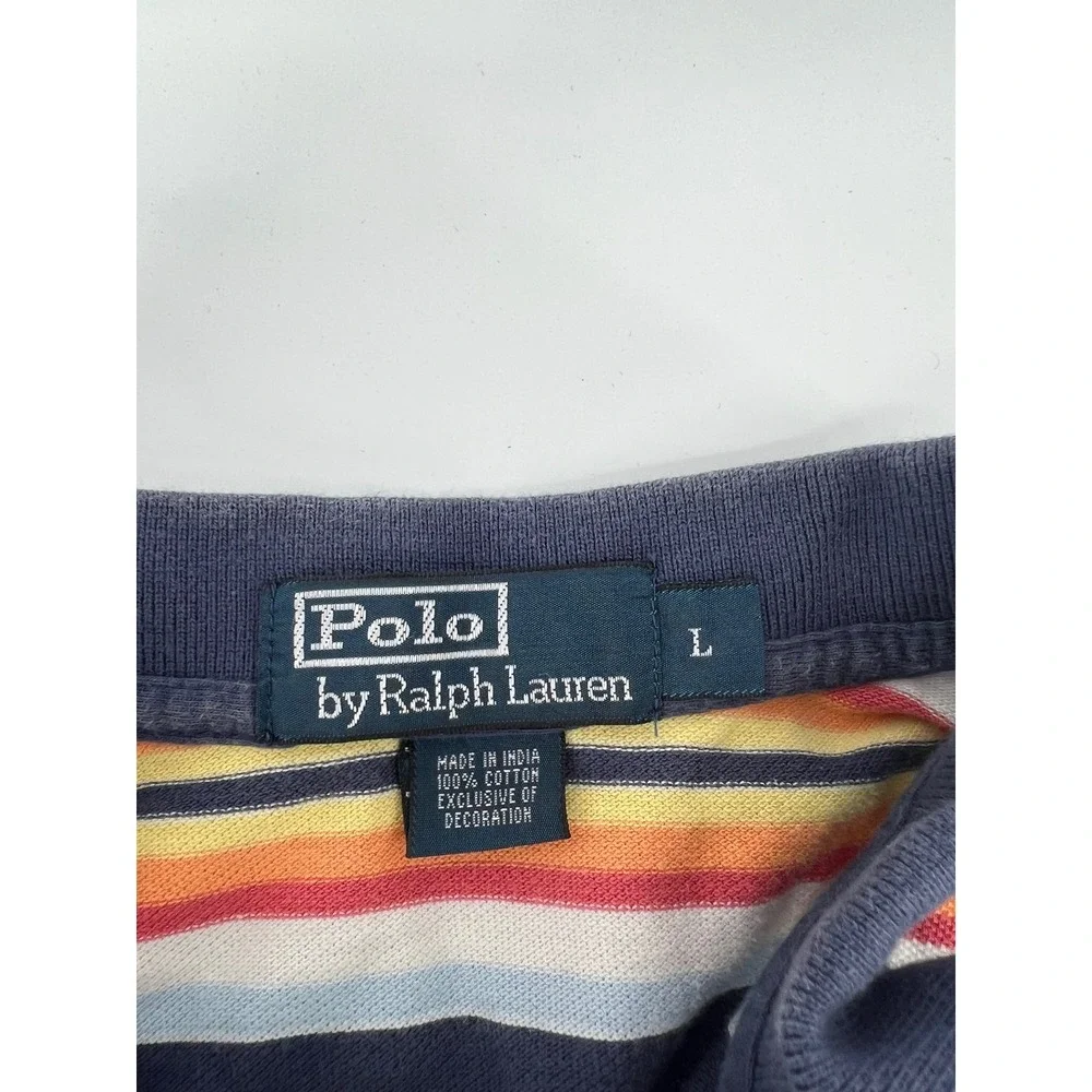 Polo Ralph Lauren Mens Large Navy Blue Multi Color Striped Cotton Polo Shirt L